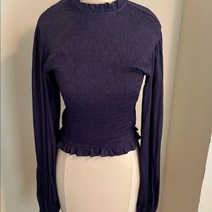 NWOT Elegant Navy smocked Long Sleeve Top size Large